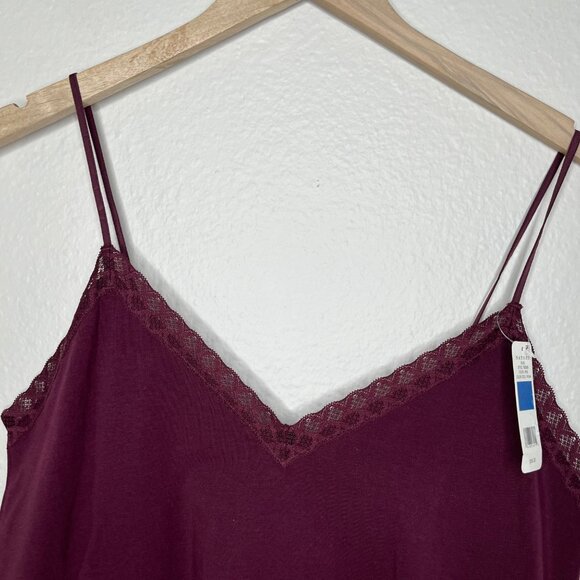 Natori Womens Bliss Cotton Cami Burgundy Tank Top With Lace Trim XL - Picture 3 of 6